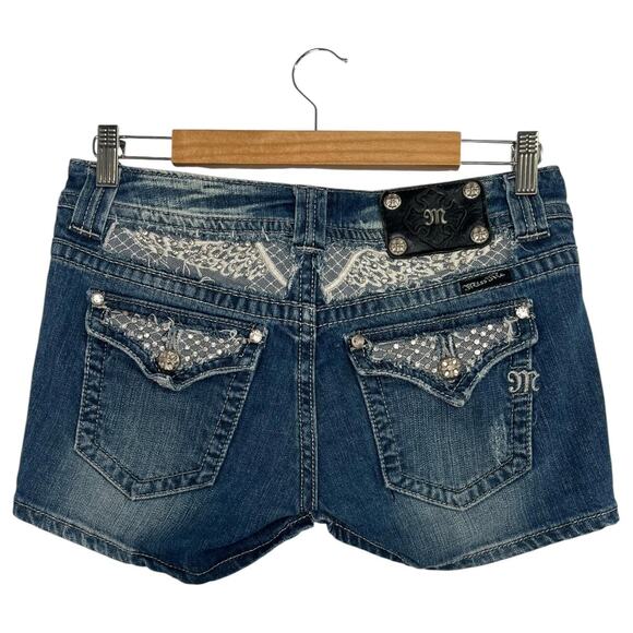Miss Me Shorts Womens 28 Blue Denim Lace Rhinestone Embellished Medium Wash Jean - Picture 1 of 15